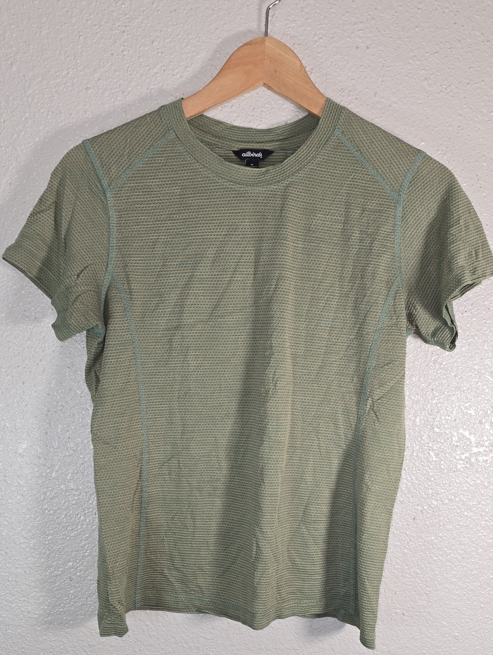 allbirds Short Sleeve Crew Tee in Olive Green Striped Knit